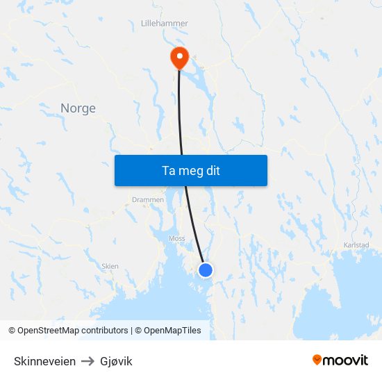 Skinneveien to Gjøvik map