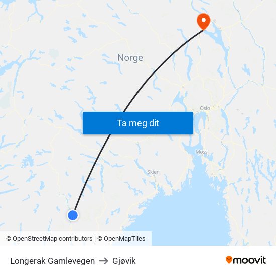 Longerak Gamlevegen to Gjøvik map