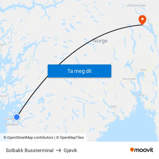 Solbakk Bussterminal to Gjøvik map