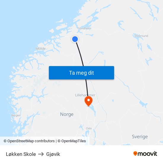 Løkken Skole to Gjøvik map