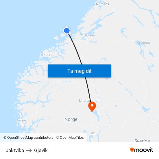 Jaktvika to Gjøvik map