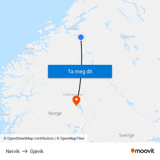 Nervik to Gjøvik map
