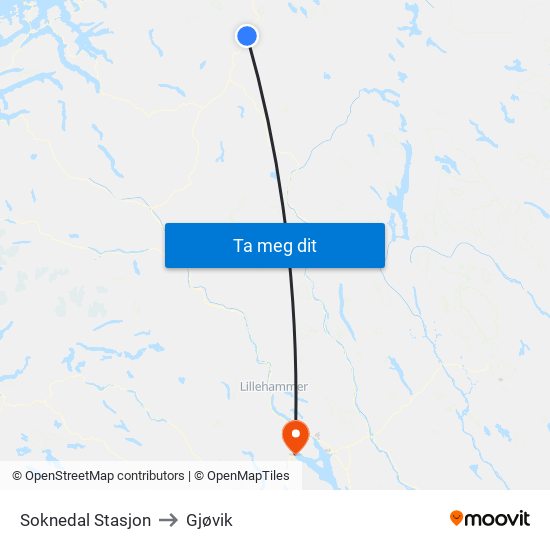 Soknedal Stasjon to Gjøvik map