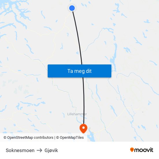 Soknesmoen to Gjøvik map