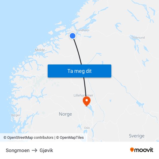 Songmoen to Gjøvik map