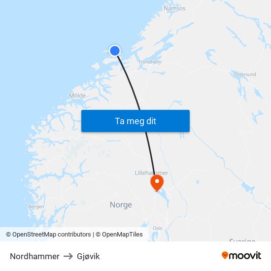 Nordhammer to Gjøvik map