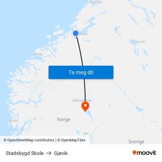 Stadsbygd Skole to Gjøvik map