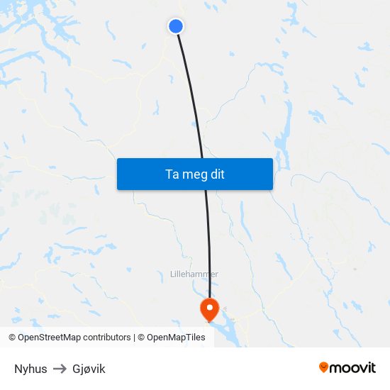 Nyhus to Gjøvik map