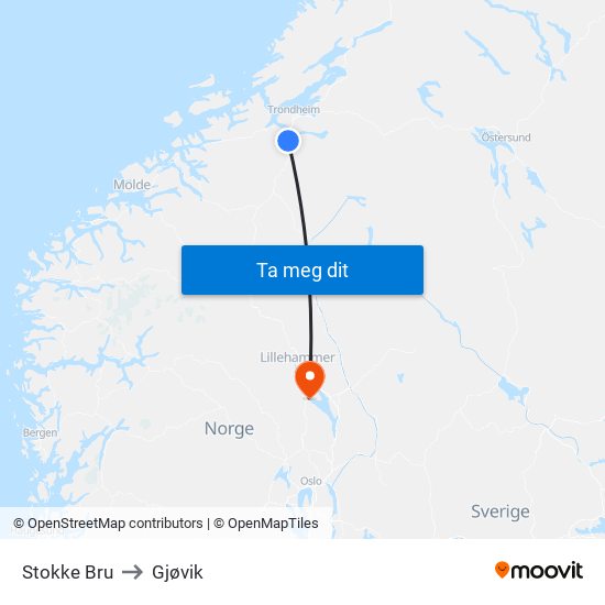 Stokke Bru to Gjøvik map