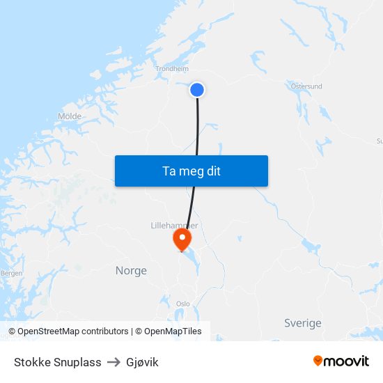 Stokke Snuplass to Gjøvik map