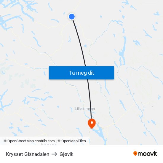 Krysset Gisnadalen to Gjøvik map