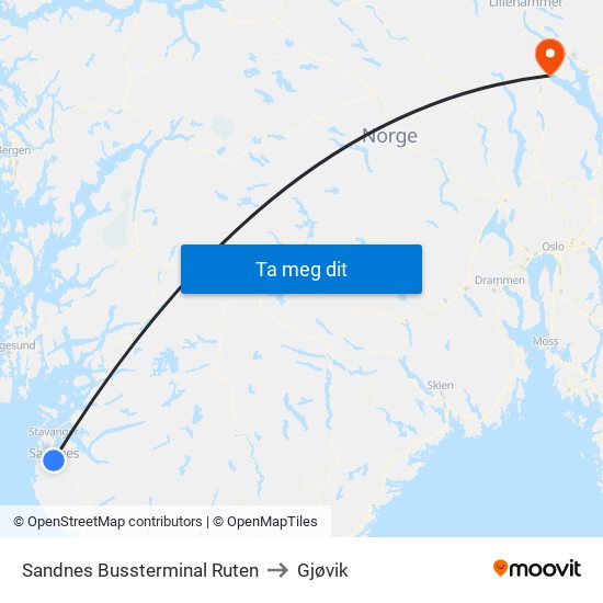 Sandnes Bussterminal Ruten to Gjøvik map