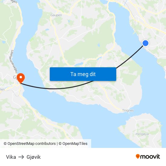 Vika to Gjøvik map