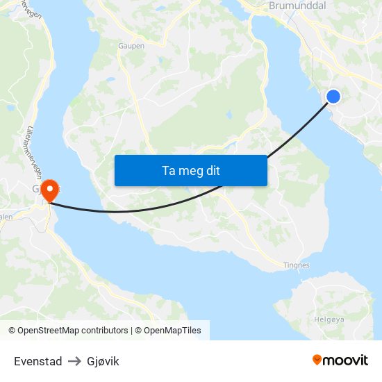Evenstad to Gjøvik map