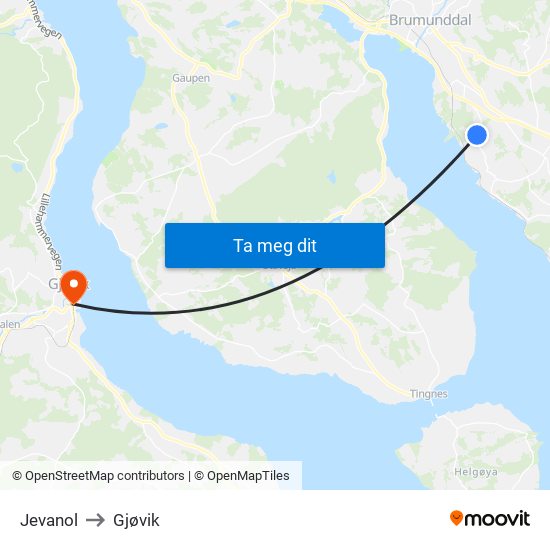 Jevanol to Gjøvik map