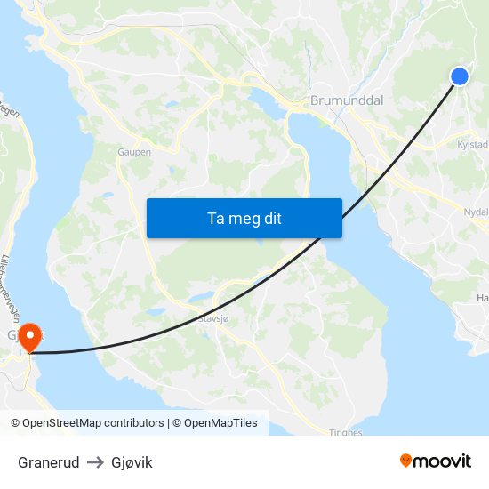 Granerud to Gjøvik map