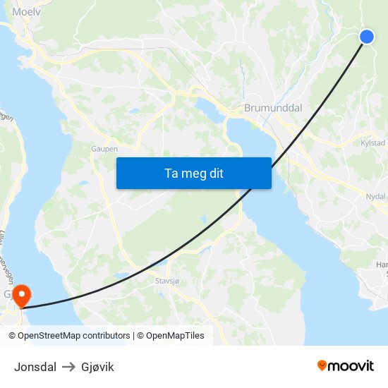 Jonsdal to Gjøvik map