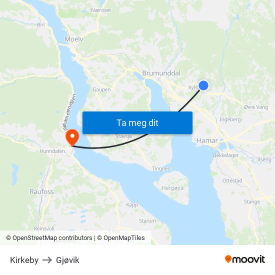 Kirkeby to Gjøvik map