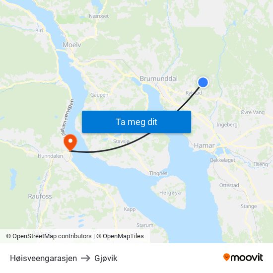 Høisveengarasjen to Gjøvik map