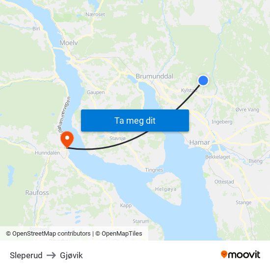 Sleperud to Gjøvik map