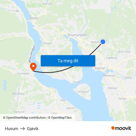 Husum to Gjøvik map