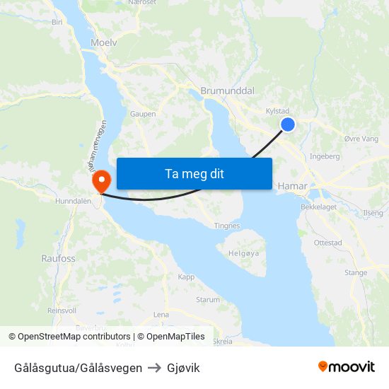 Gålåsgutua/Gålåsvegen to Gjøvik map
