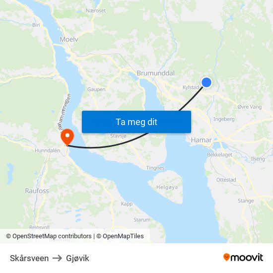 Skårsveen to Gjøvik map