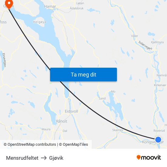Mensrudfeltet to Gjøvik map