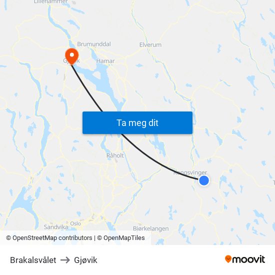 Brakalsvålet to Gjøvik map