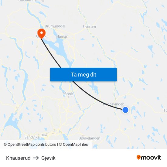 Knauserud to Gjøvik map