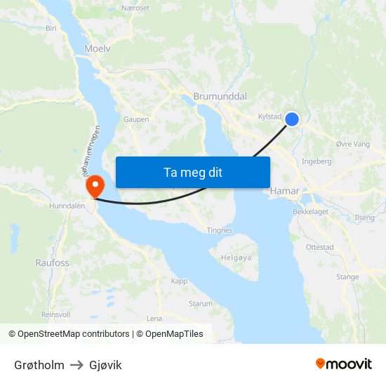 Grøtholm to Gjøvik map