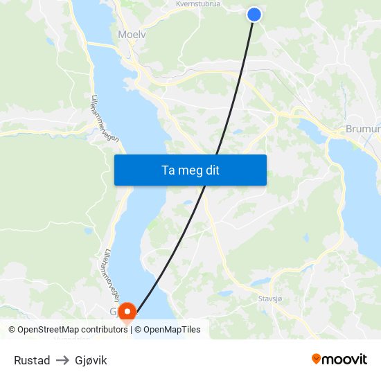 Rustad to Gjøvik map