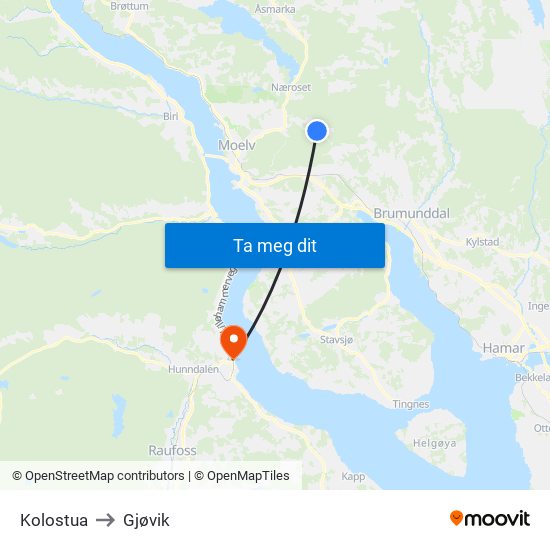 Kolostua to Gjøvik map