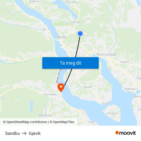 Sandbu to Gjøvik map