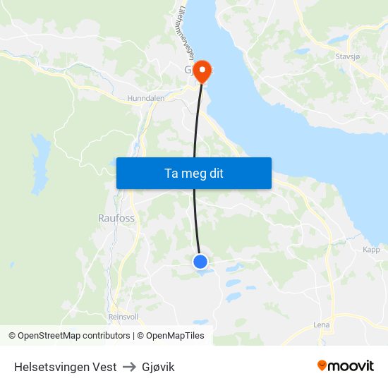 Helsetsvingen Vest to Gjøvik map