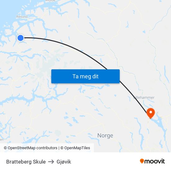 Bratteberg Skule to Gjøvik map