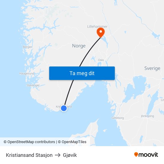 Kristiansand Stasjon to Gjøvik map