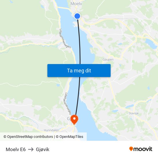 Moelv E6 to Gjøvik map