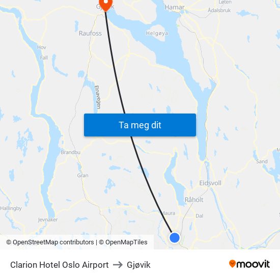 Clarion Hotel Oslo Airport to Gjøvik map