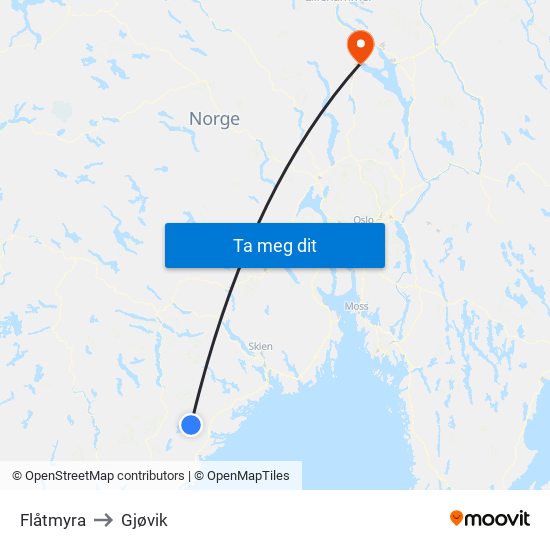 Flåtmyra to Gjøvik map