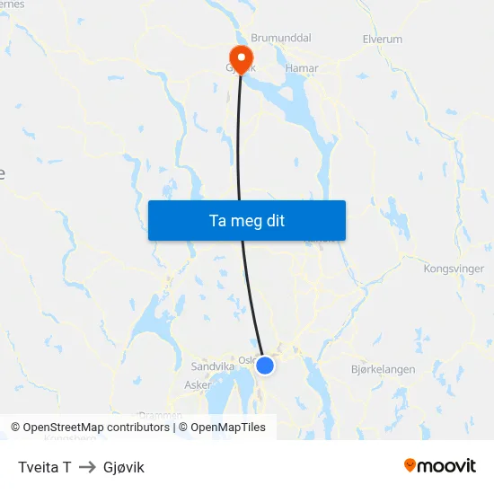 Tveita T to Gjøvik map