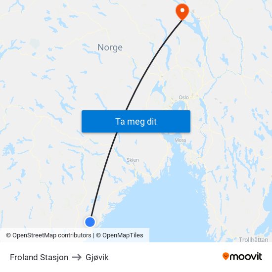 Froland Stasjon to Gjøvik map
