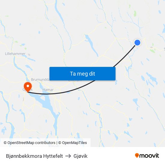 Bjønnbekkmora Hyttefelt to Gjøvik map