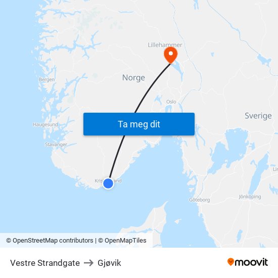 Vestre Strandgate to Gjøvik map