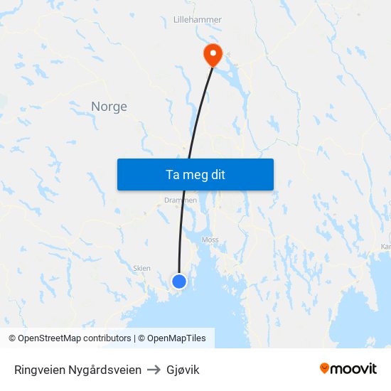 Ringveien Nygårdsveien to Gjøvik map