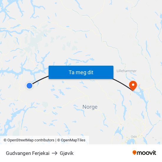 Gudvangen Ferjekai to Gjøvik map