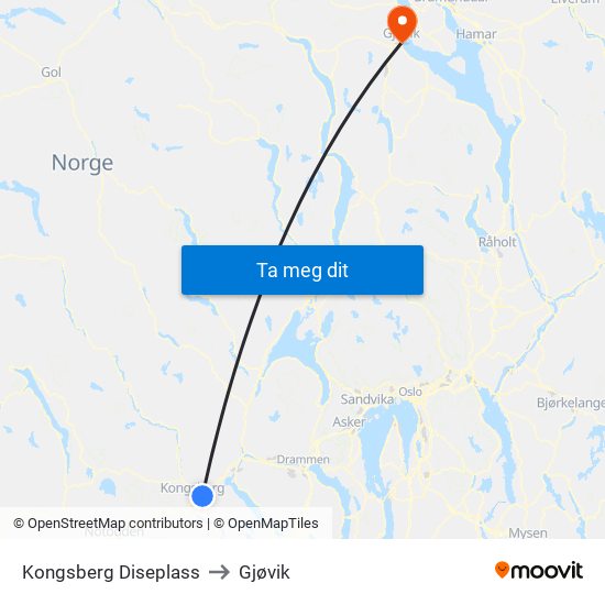 Kongsberg Diseplass to Gjøvik map