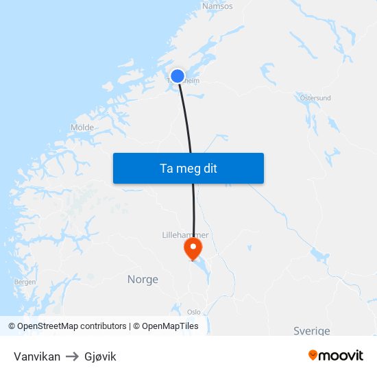 Vanvikan to Gjøvik map