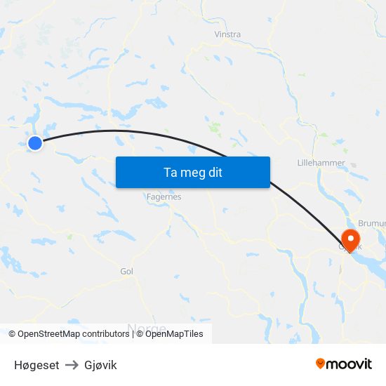 Høgeset to Gjøvik map