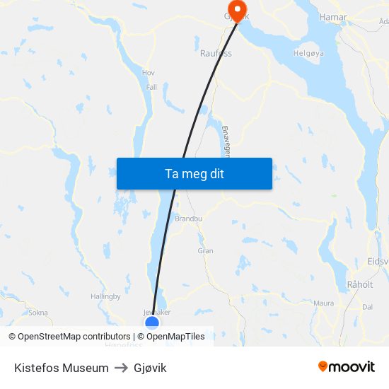 Kistefos Museum to Gjøvik map